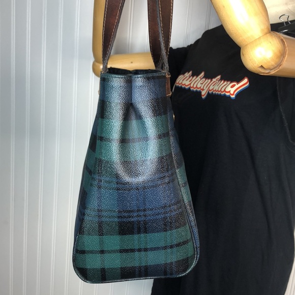 W RALPH LAUREN Black Watch Plaid Coated Canvas & Leather Shoulder Tote Bag - Picture 5 of 17